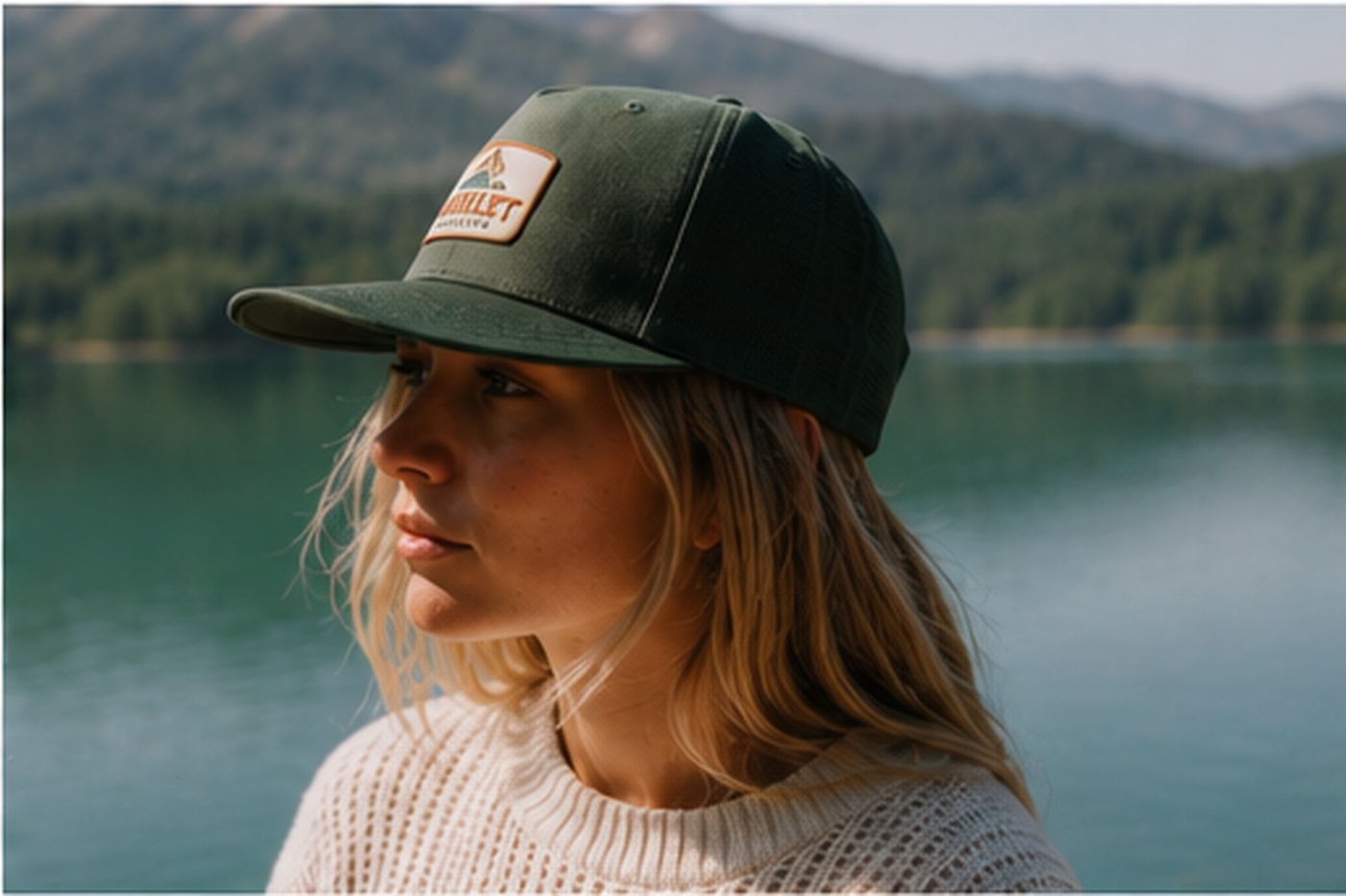 Person in green Amulet cap by a mountain lake